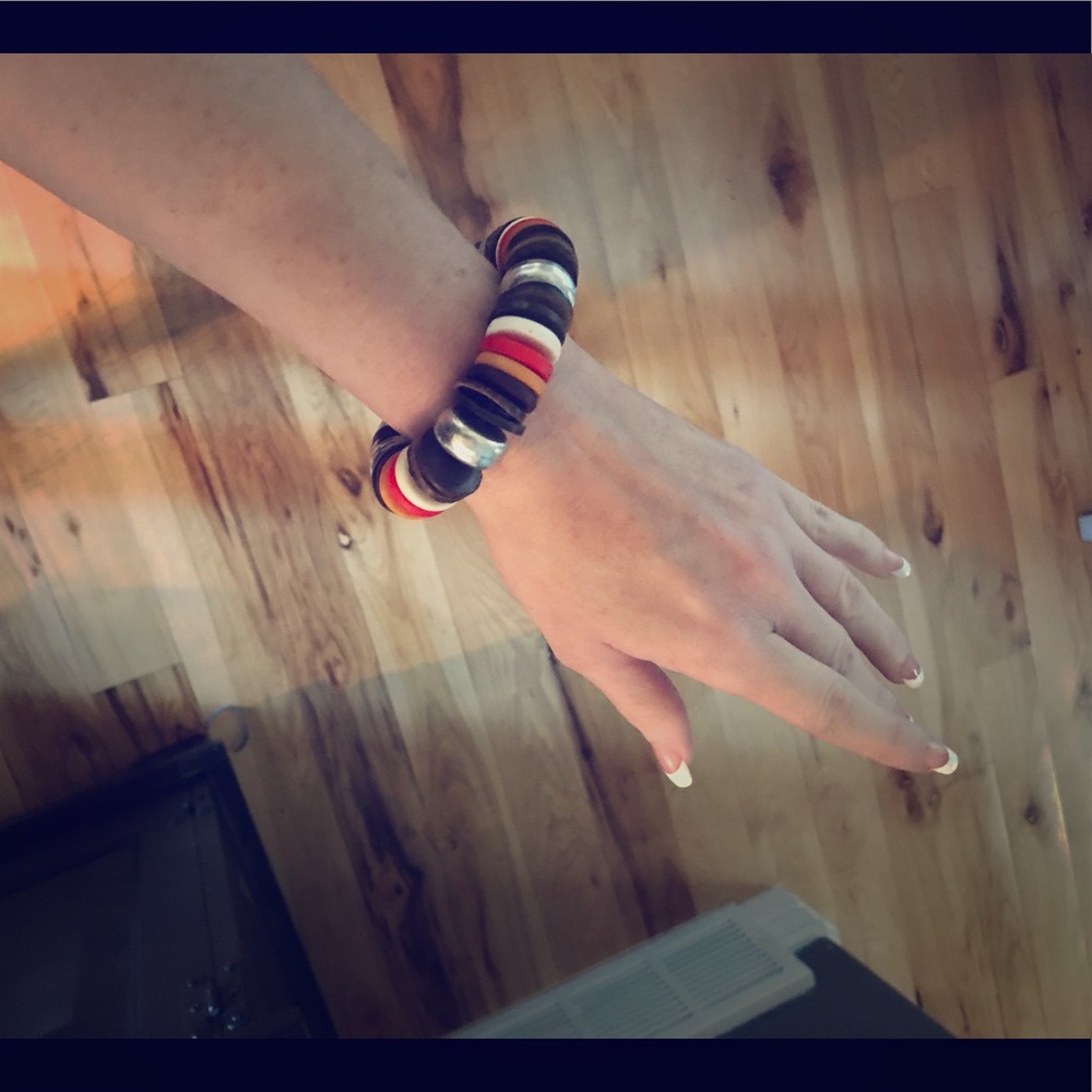 NWT TuVous Wood Disc/Bead Bracelet Brown/Orange/Silver.